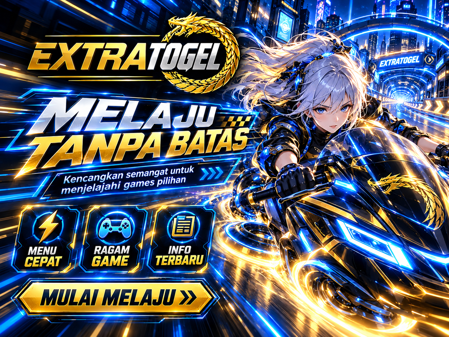 Banner EXTRATOGEL menampilkan pembalap hoverbike futuristik di terowongan neon biru dan emas